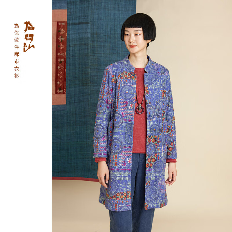 2341251指间沙女装23冬季中式裥绒长外套文艺A型长款复合绒里花布