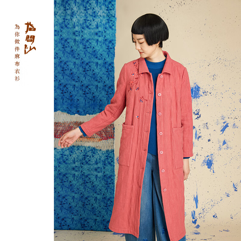 2341151指间沙女装23冬季中式裥绒长外套复古文艺保暖刺绣绒里外