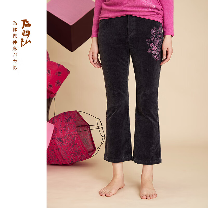 2342178指间沙女装23冬季中式文艺弹力条绒喇叭裤高腰刺绣软糯舒