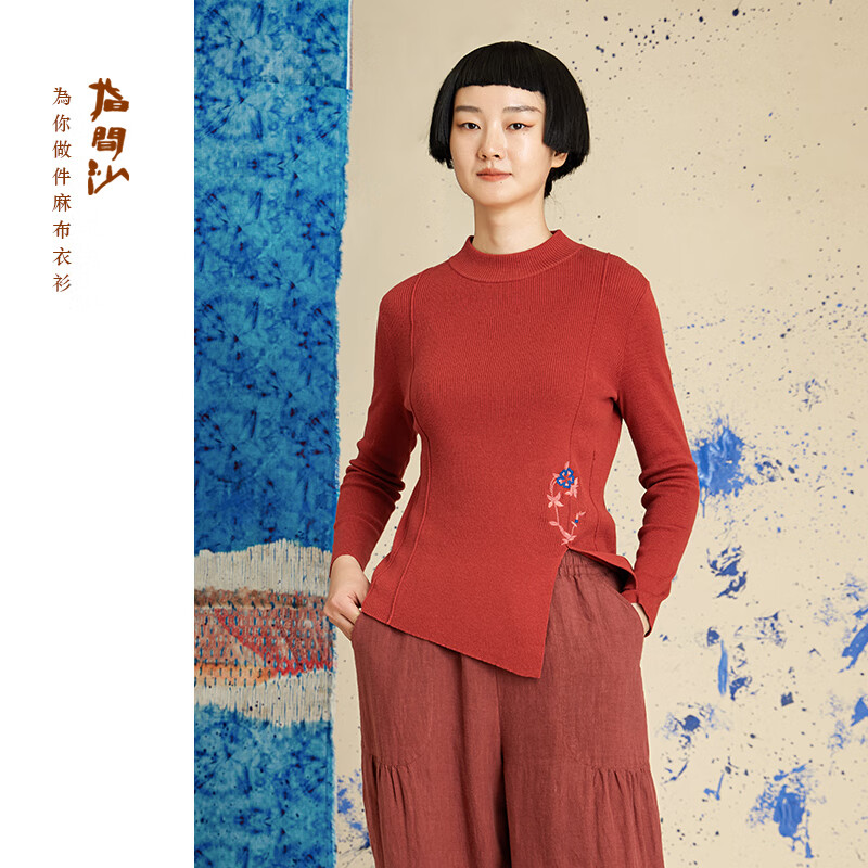 2341129指间沙女装23冬季中式圆领针织上衣文艺收腰刺绣长袖针织