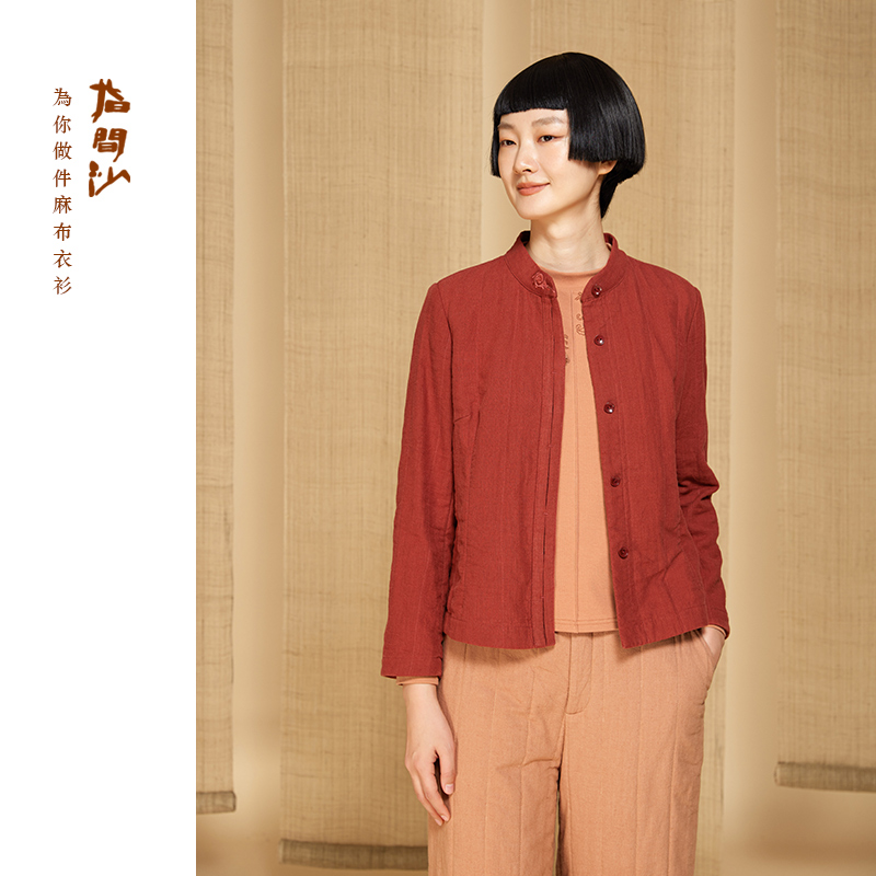 指间沙W2441124女装24冬立领刺绣裥绒短外套中式文艺