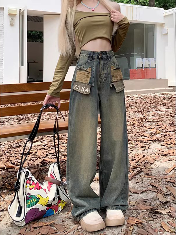 大码美式复古水洗阔腿破洞牛仔裤女春秋高腰宽松显瘦直筒拖地裤子