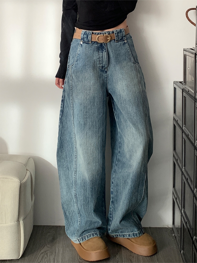大码美式蓝色水洗宽松弯刀牛仔裤女秋冬新款高腰阔腿垂感拖地长裤