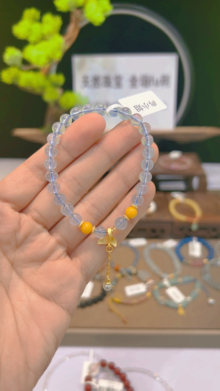 冉小姐海蓝宝手串5mm搭配鱼尾贝壳珠加琥珀蜜蜡B316多样性发