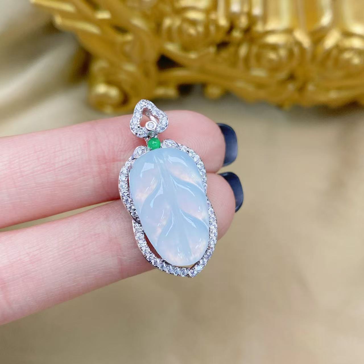 四会-（DY-42-1）叶子吊坠-s925银镶翡翠树叶吊坠多样性发货一