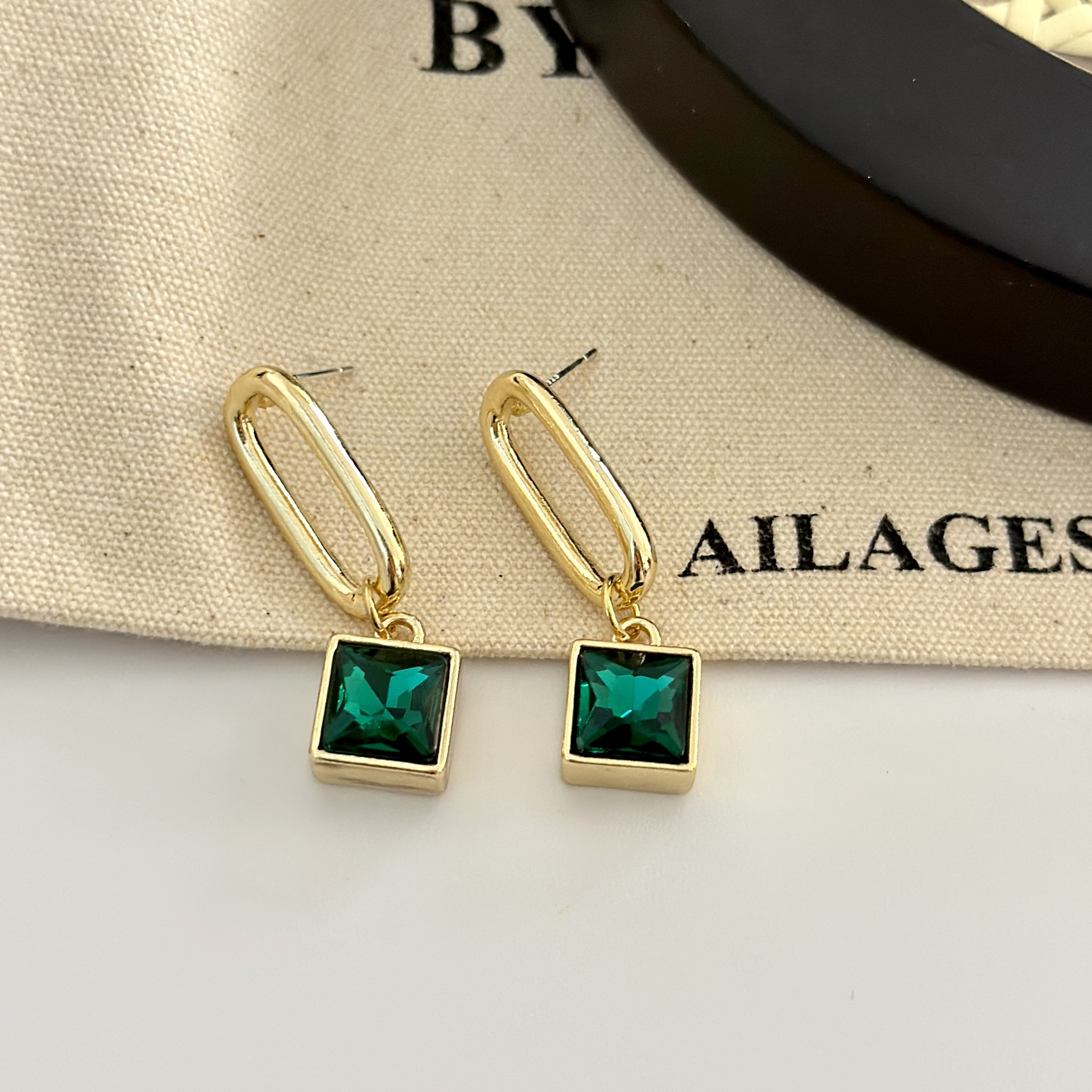 合金耳饰 F656复古绿色方形