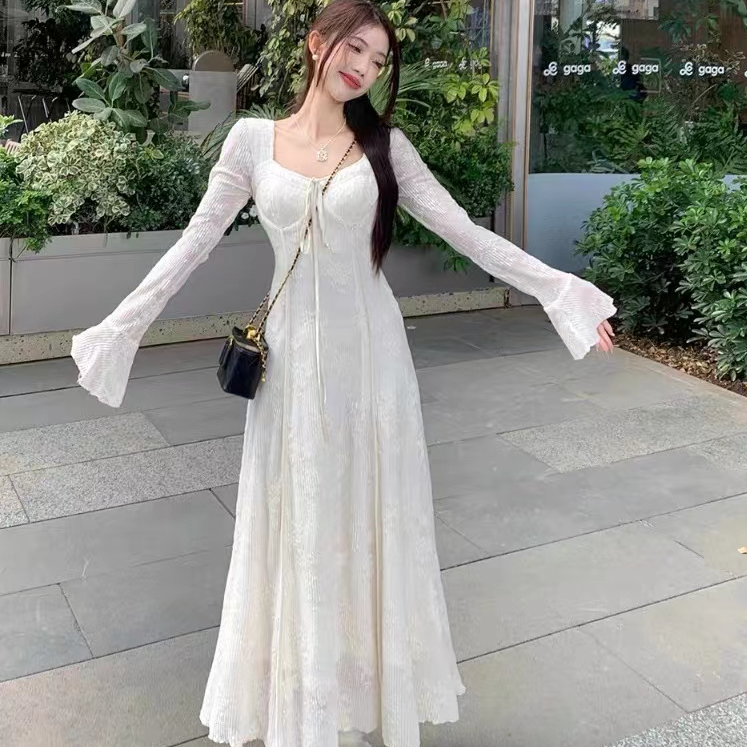 【高个子定制】方领蕾丝连衣裙显瘦气质长裙