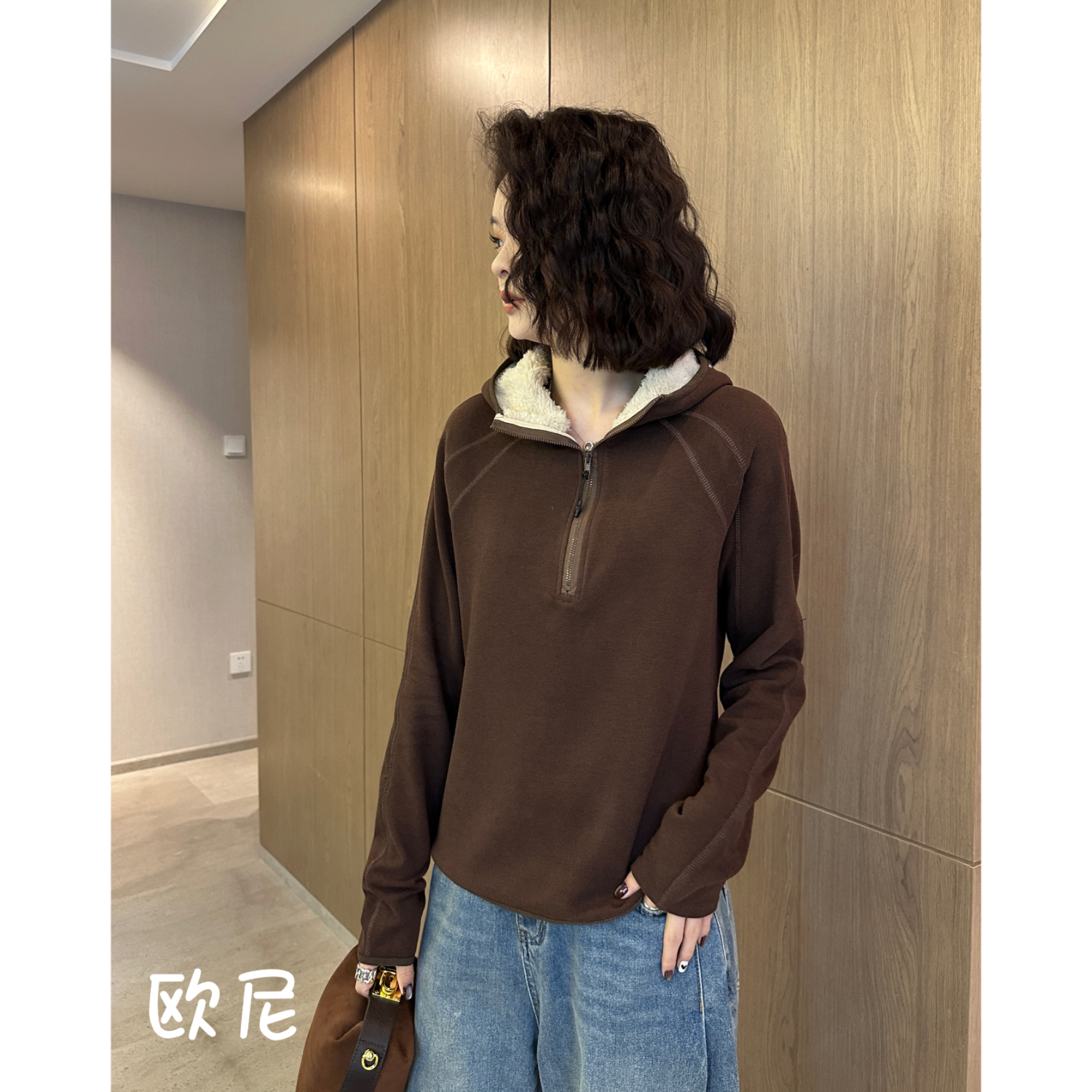 欧尼私服【热情桑巴】秋冬连帽半拉链加绒加厚卫衣2312