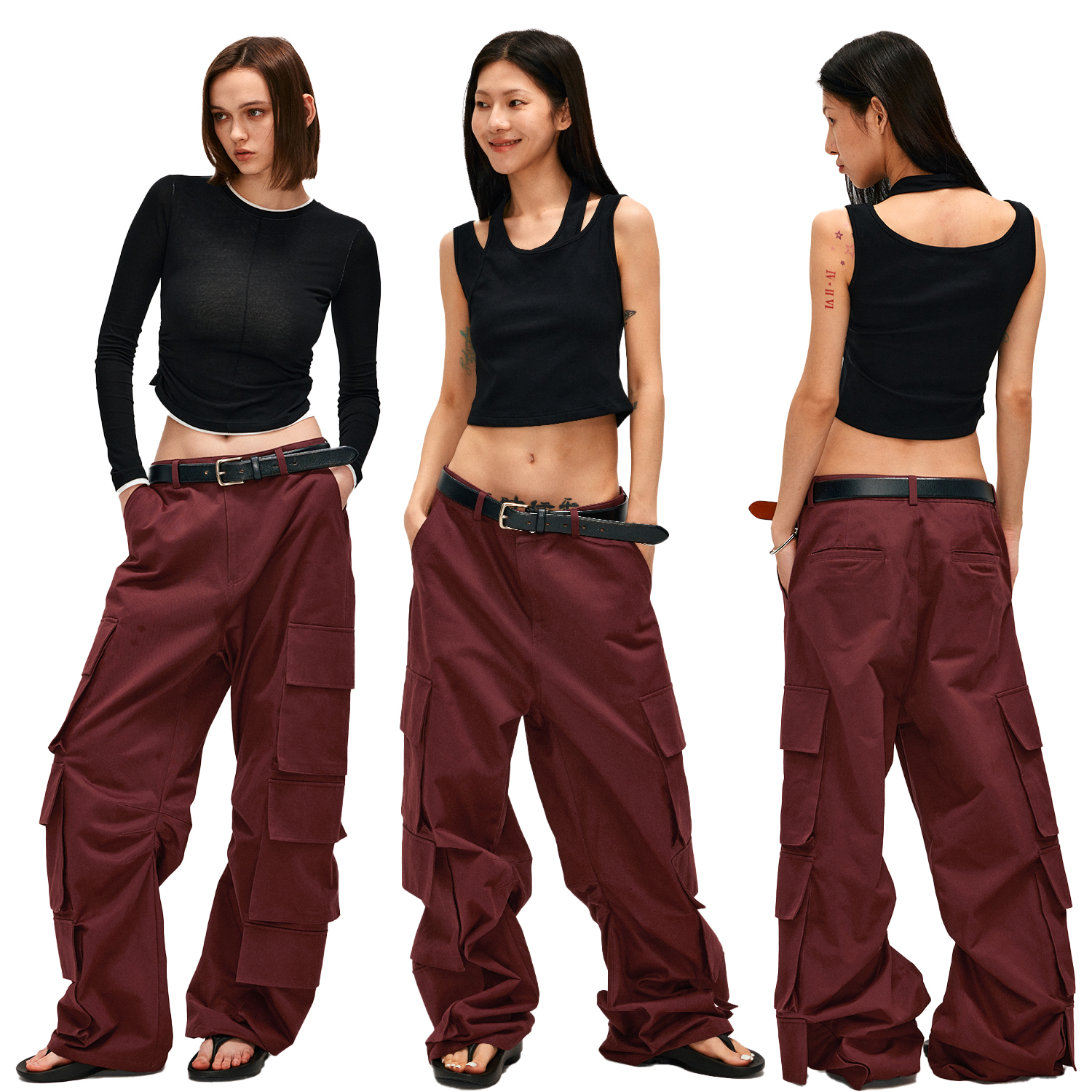 Tayco春夏通勤美式休闲慵懒风重磅立体剪裁低腰多口袋弯刀工装裤