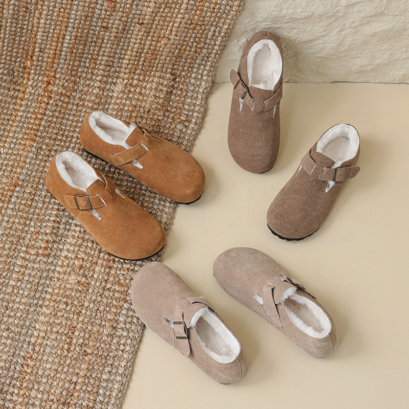 真皮牛反绒棉鞋冬季博肯鞋女2024秋冬加绒外穿全包勃肯毛毛鞋全包