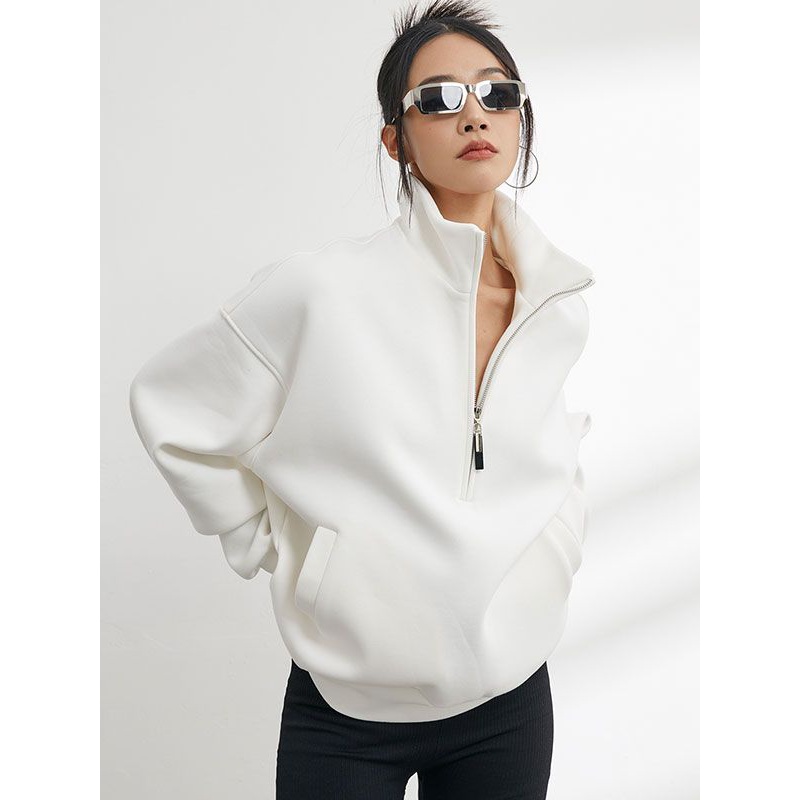 宽松休闲慵懒极简运动风半拉链廓形落肩卫衣2023款女秋季立领上衣