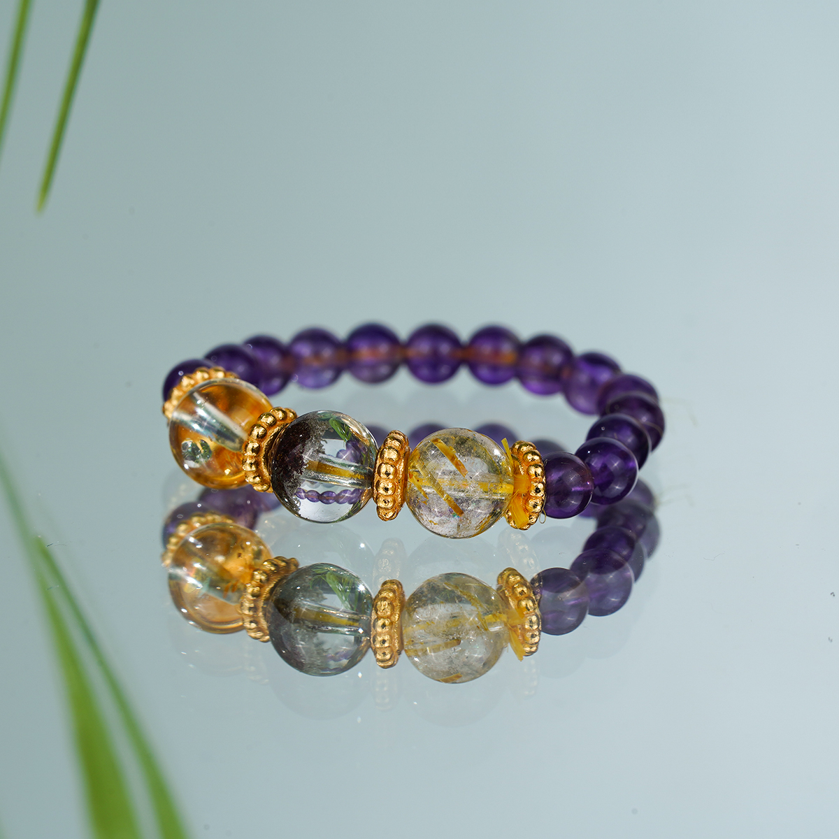 绿幽灵聚宝盆-金发晶-黄水晶-紫水晶戒指气质百搭戒指