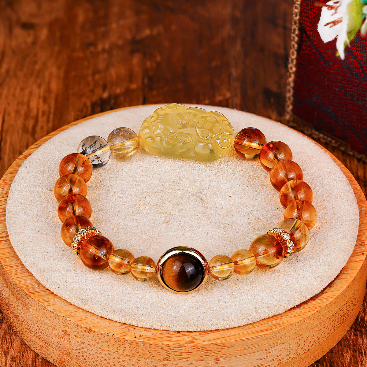 黄水晶霸王貔貅枫叶黄金发晶绿幽灵虎眼石手串