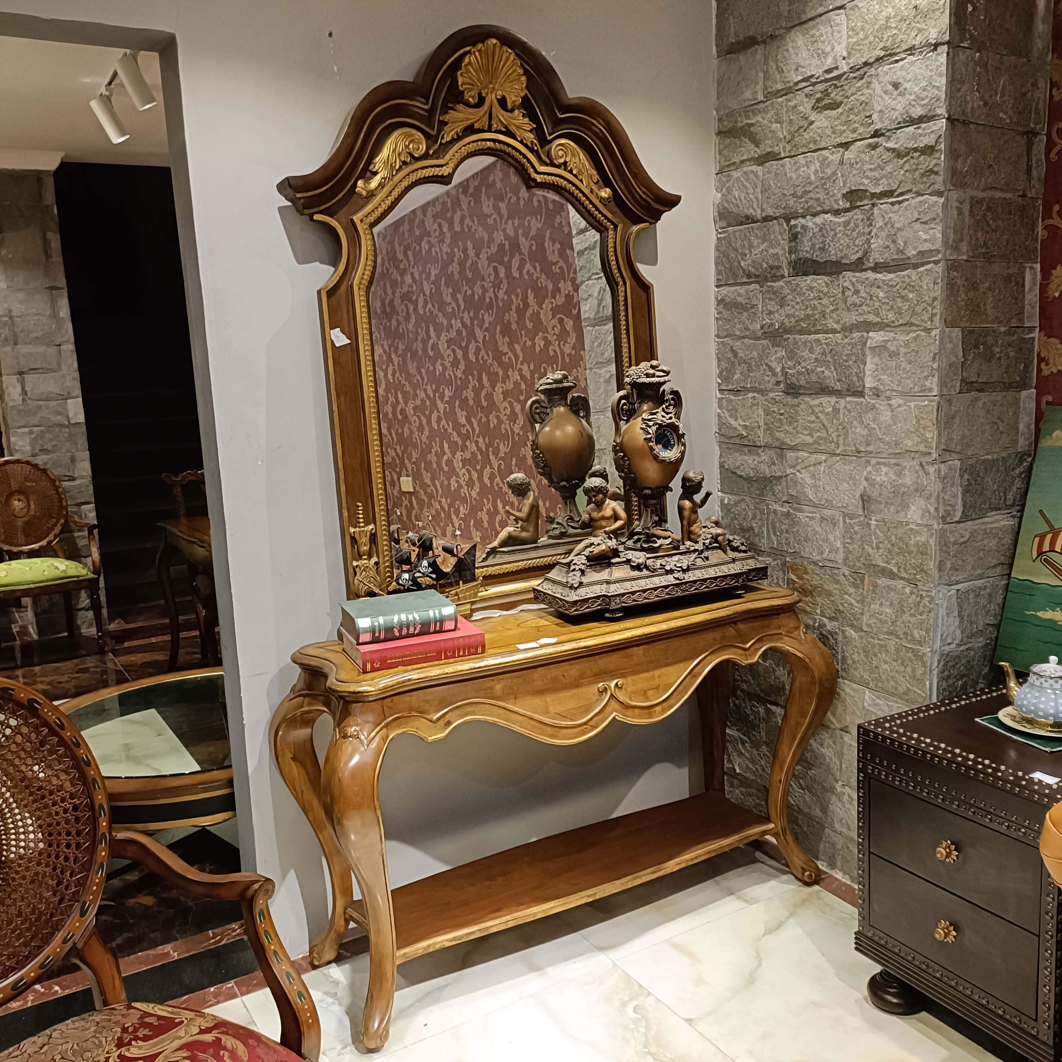 （孤品）美式复古艺术实木玄关台玄关镜 140*51*82cm 镜110*9*143cm