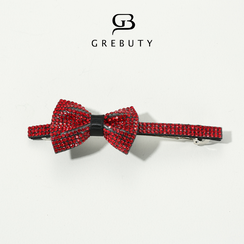 GREBUTY 3809 新品红色闪闪蝴蝶结一字弹簧夹