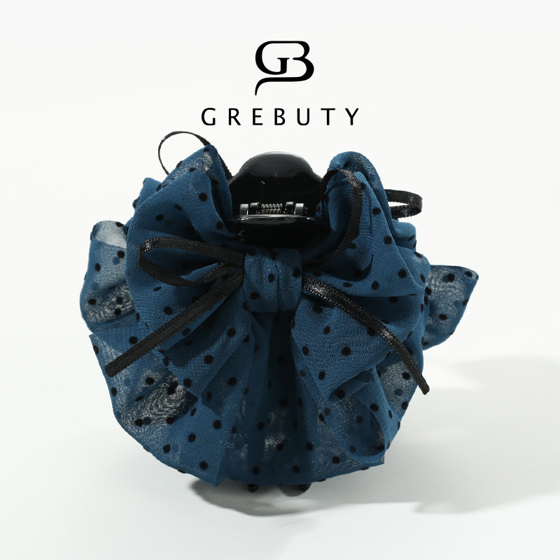 GREBUTY  4689 气质蓝色点点蝴蝶结丸子头抓夹