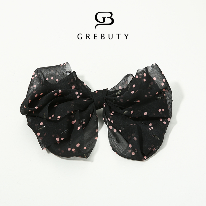 GREBUTY 4145 新品粉色波点细闪多层蝴蝶结弹簧夹