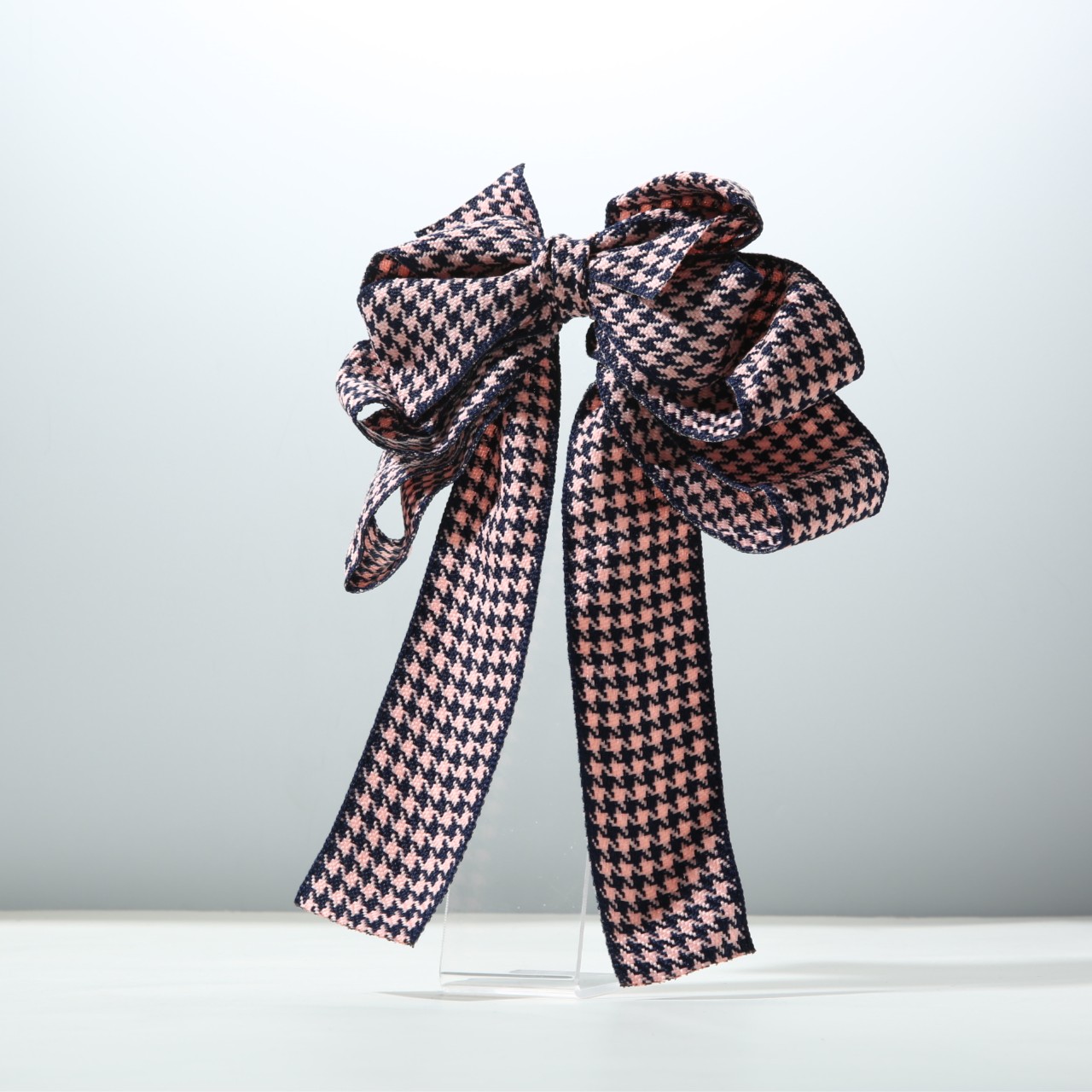 GREBUTY 2149 新品粉蓝千鸟格飘带蝴蝶结弹簧夹