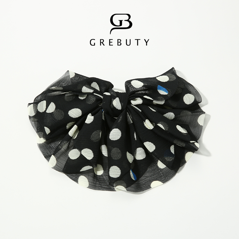 GREBUTY 4053 新品黑色波点多层蝴蝶结弹簧夹