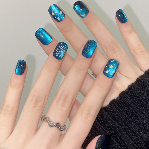 455短款24片蓝色烟花穿戴式美甲时尚显白假指甲贴片爆款新款可拆