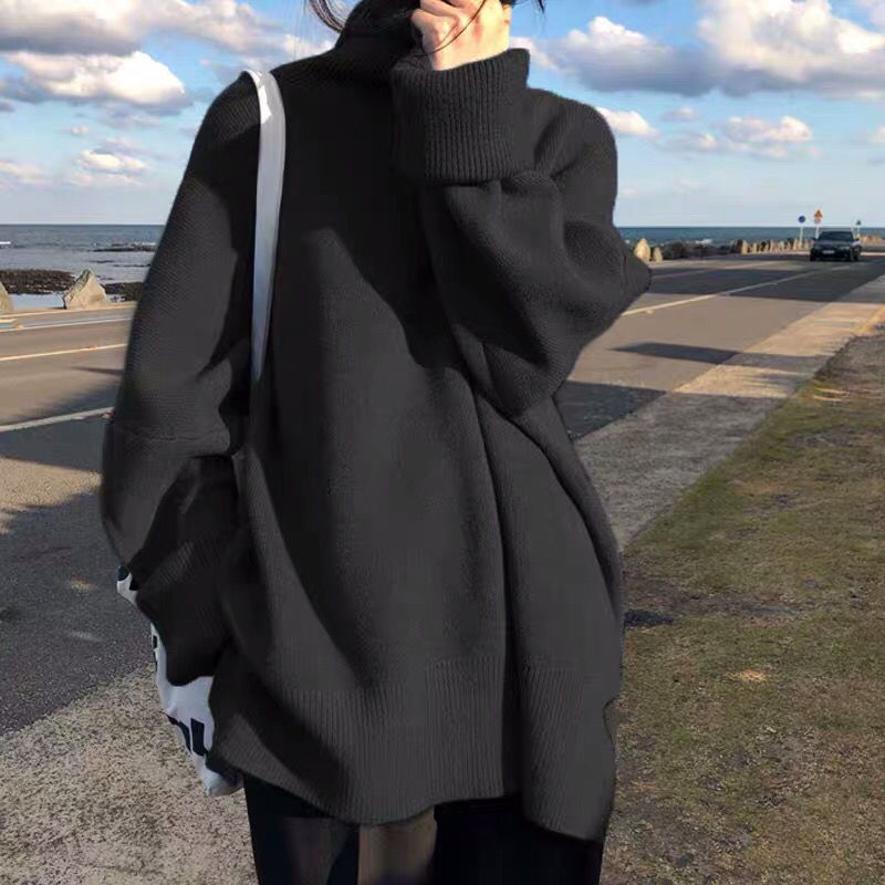 新款黑色高领毛衣宽松慵懒女中长款外穿加厚学生韩版百搭显瘦打底