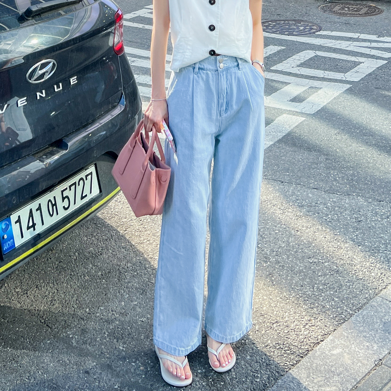 法儿家韩国限定「新品」【腰封丹宁】两粒扣阔腿牛仔裤FS306X050