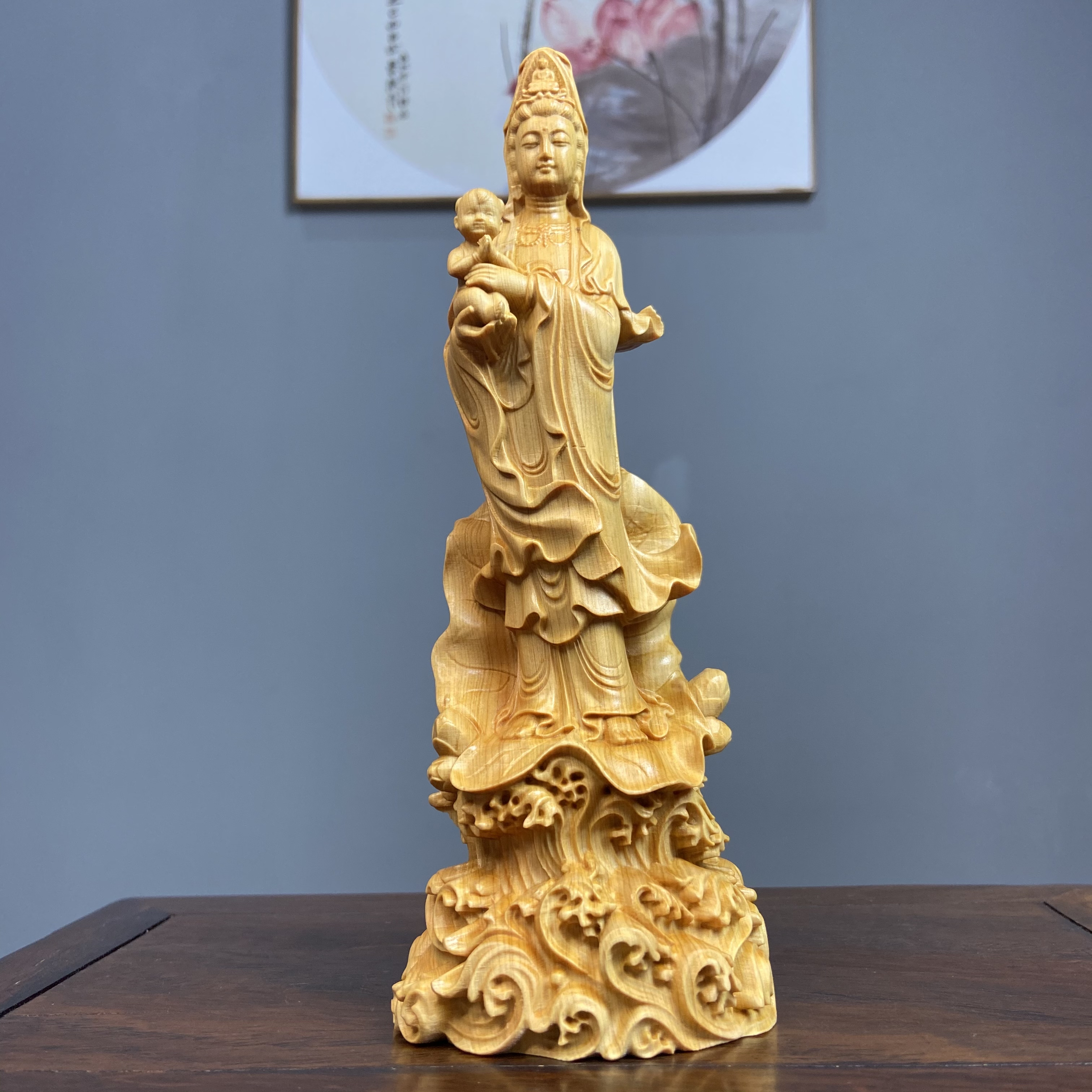 崖柏木雕送子观音菩萨高20cm创意根雕兰花神像文玩家居饰品摆件