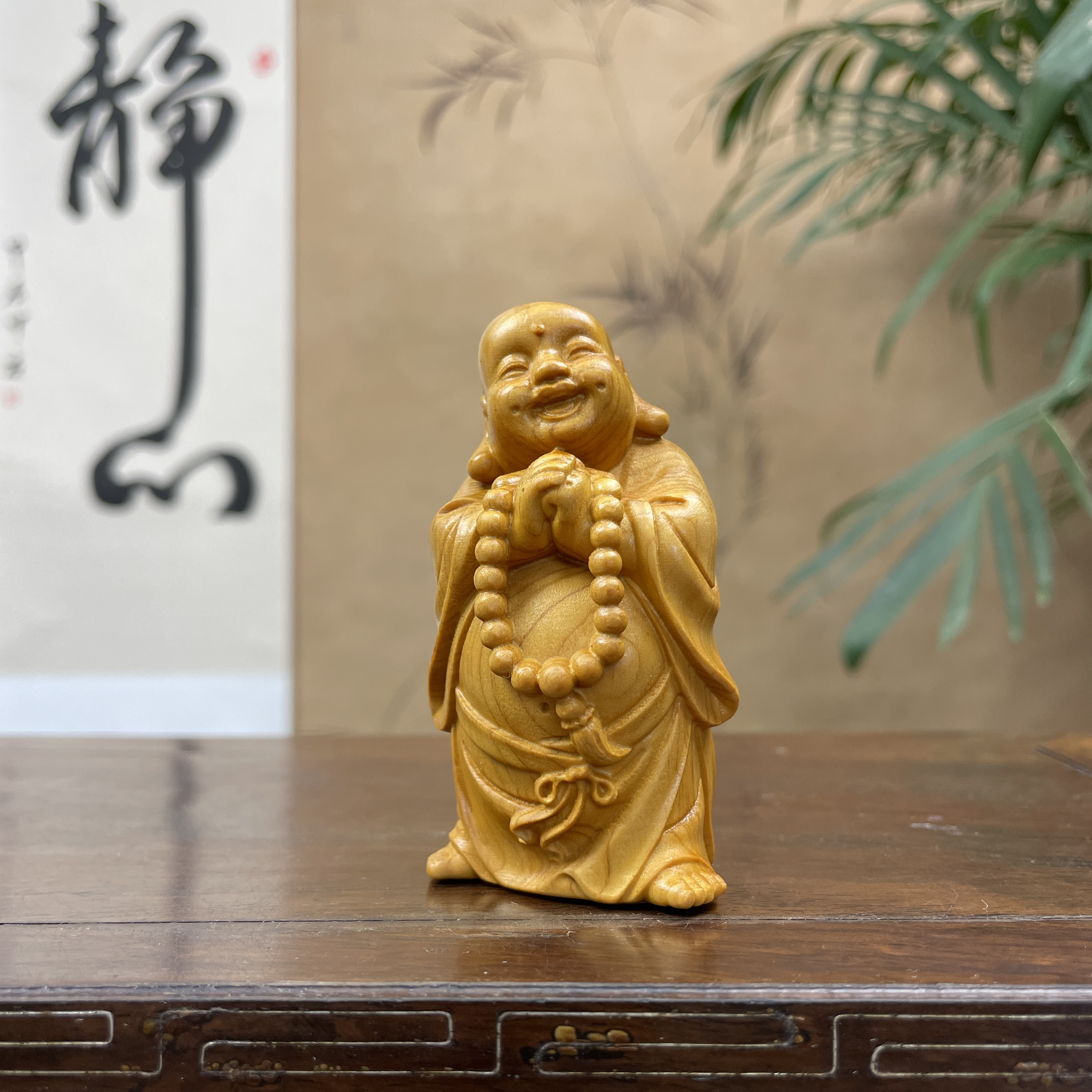 崖柏木雕念珠弥勒佛高8cm精雕摆件文玩创意家居装饰品摆件中式