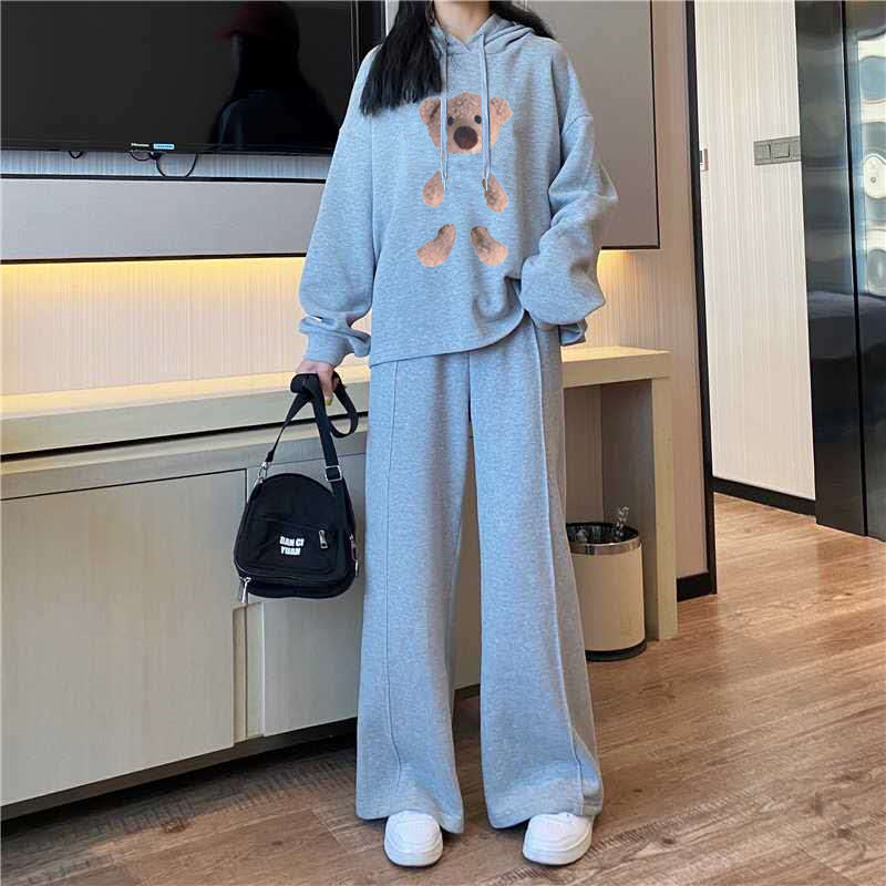 休闲小熊运动套装女春秋冬季新款韩版宽松连帽卫衣阔腿裤两件套潮