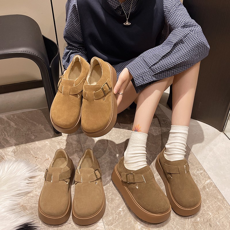 【加绒款】真皮复古厚底包跟增高勃肯鞋百搭懒人一脚蹬丑萌大头鞋