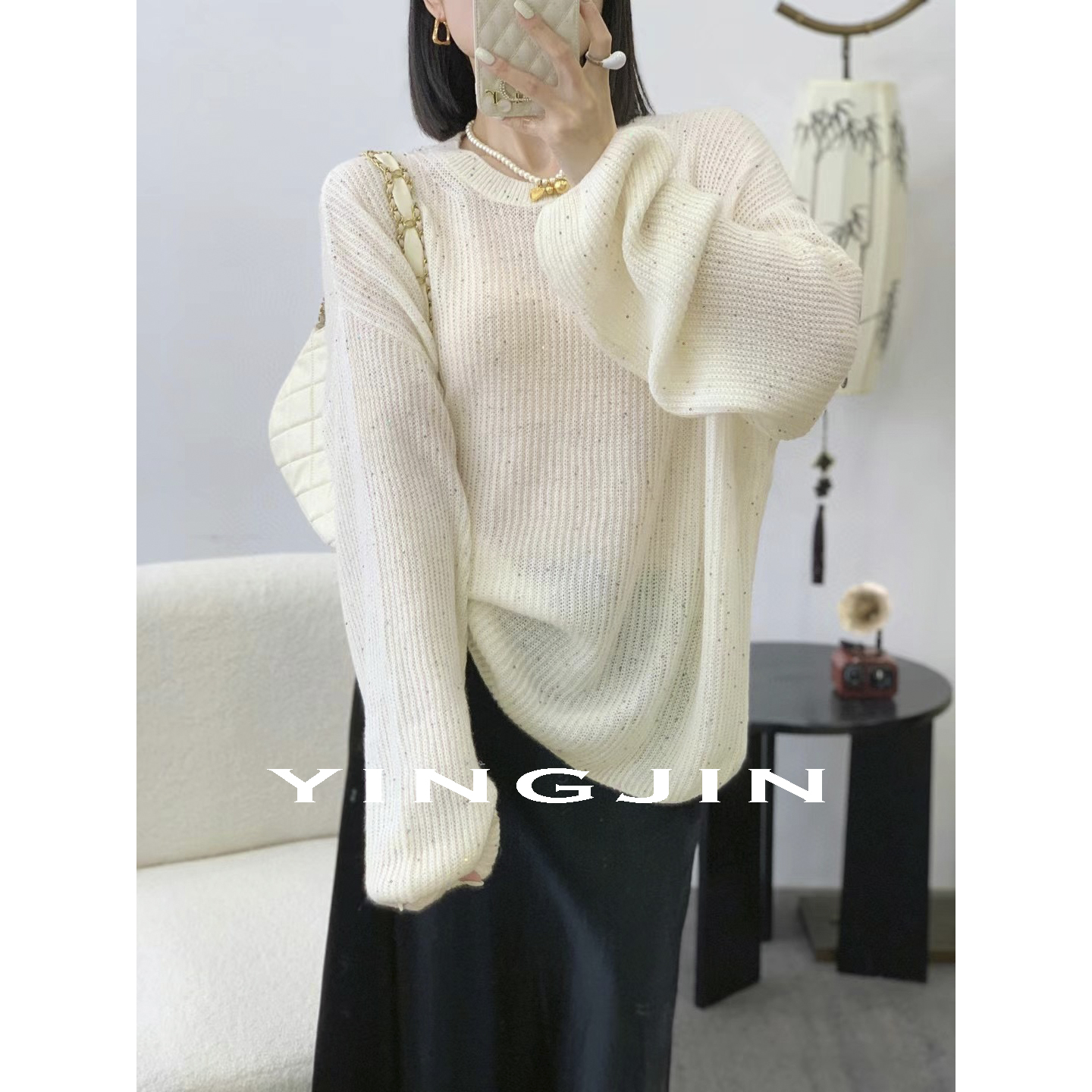 【YINGJIN】2024秋季上新简约宽松纯白针织衫8.16#0299
