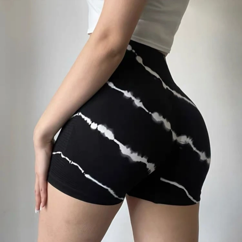 性感高腰扎染无缝瑜伽短裤女跑步提臀紧身运动三分裤骑行健身裤