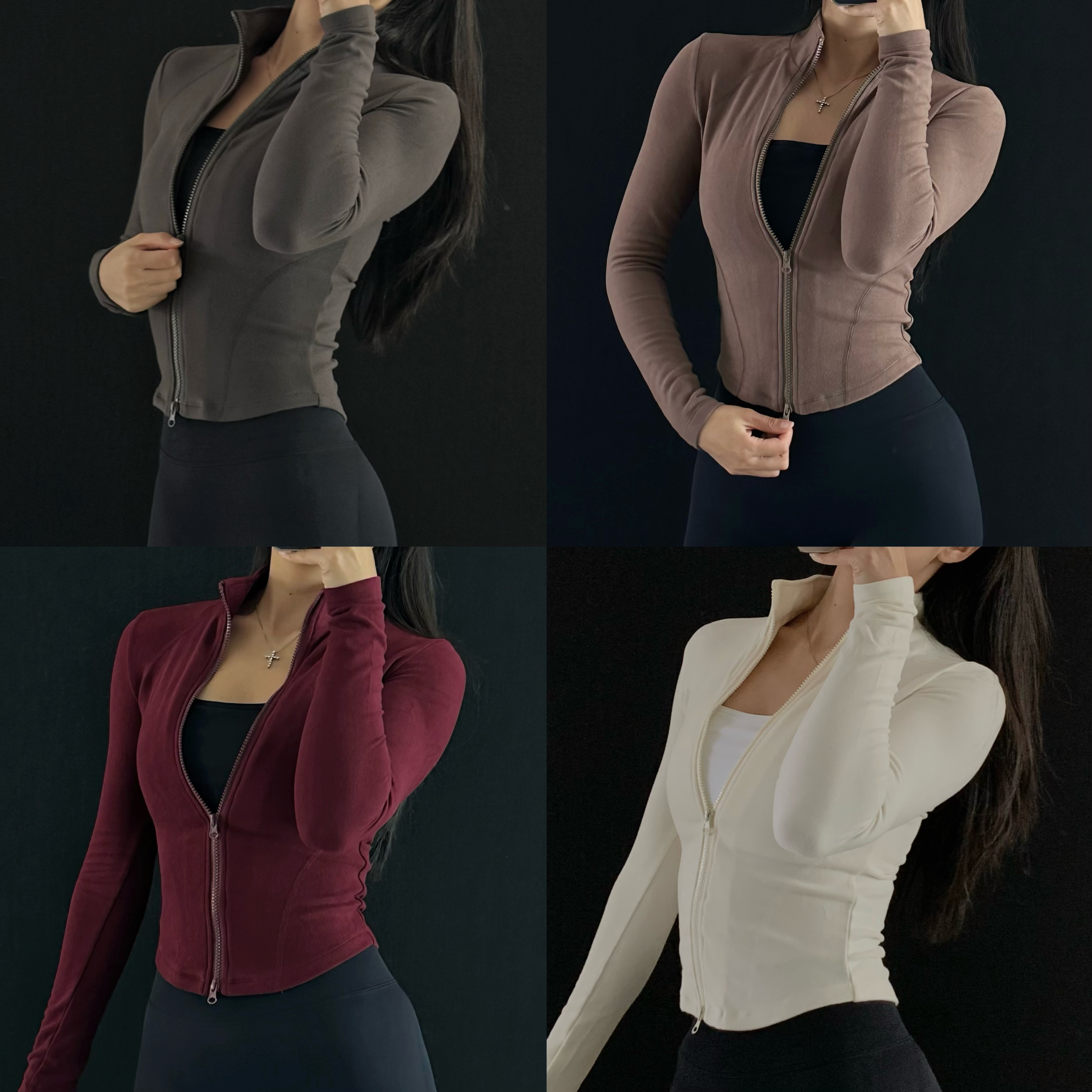 DAYOFF-美式拉链紧身瑜伽上衣德绒双拉链收腰弹力长袖开衫