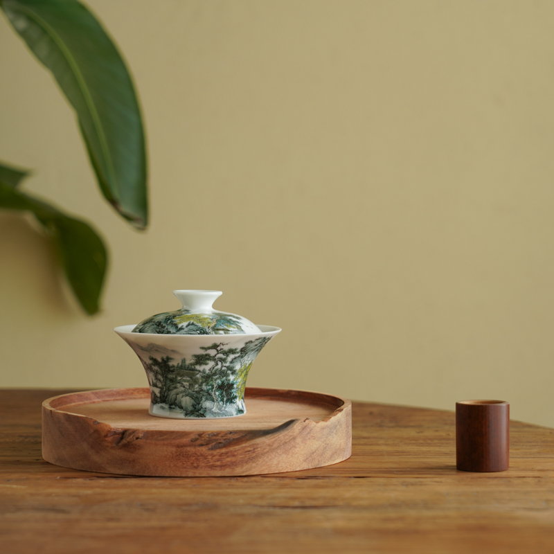 四夕窑景德镇纯手工手绘釉下彩 五彩山水盖碗 1.0 120ML 红绿白茶