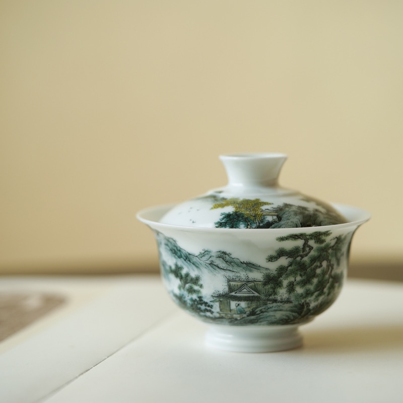 四夕窑景德镇陶瓷玉泥薄胎手绘3.0釉下五彩山水兩才普洱盖碗茶具