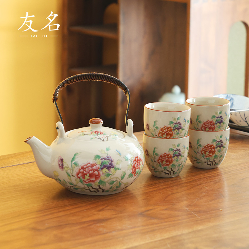 秋香茶具 复古陶泥草木灰富贵牡丹提梁壶一壶四杯小套装-1562
