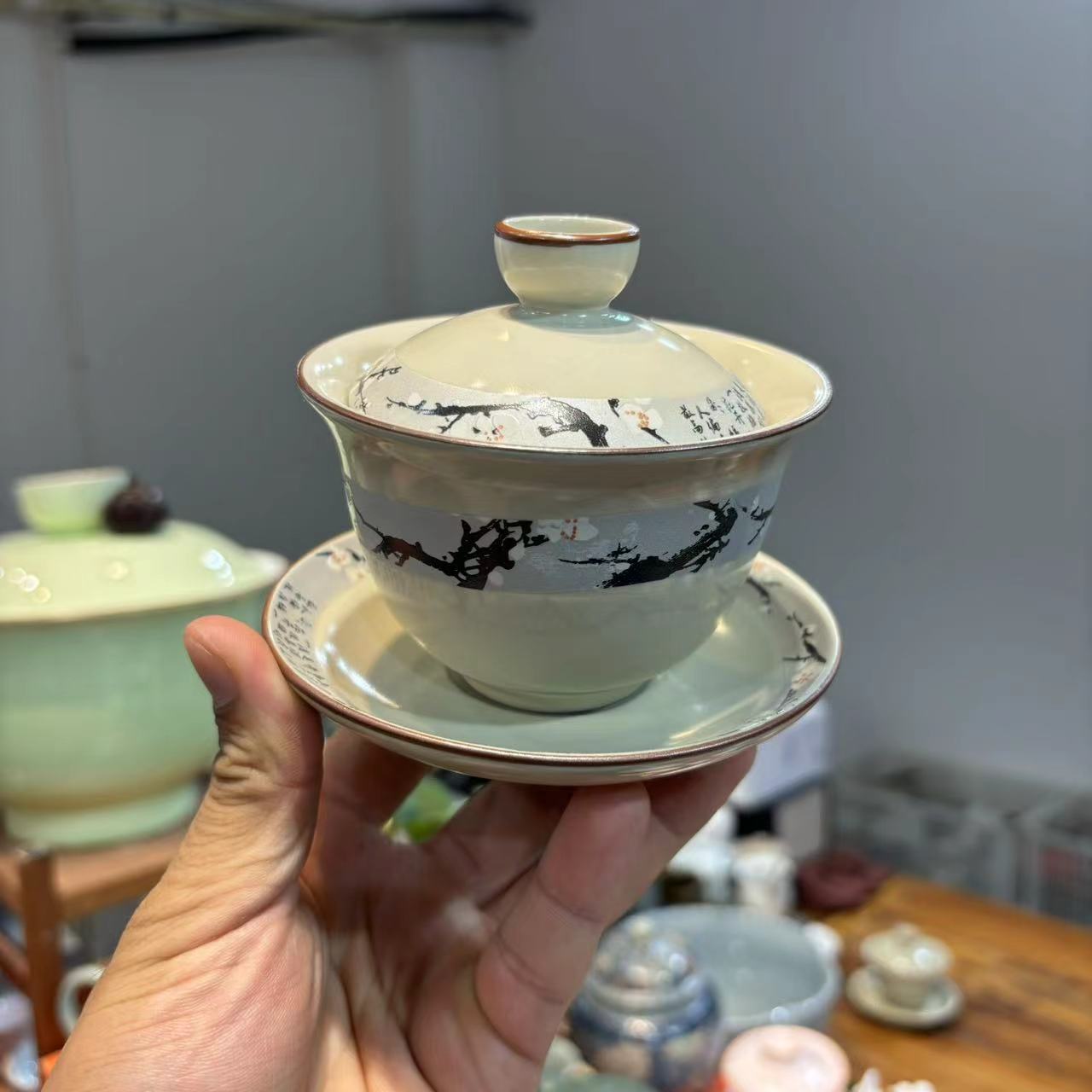 秋香茶具 米黄汝窑寒梅开片可养三才盖碗-4420-0824