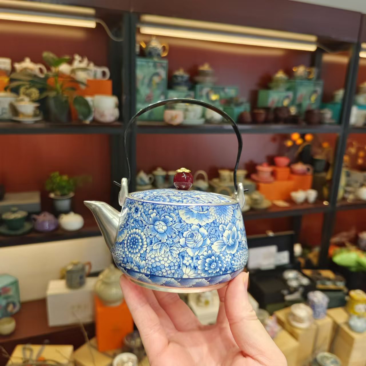 玲珑 青花繁花似锦鎏银提梁壶一壶四杯小套装家用送礼伴手礼-2110