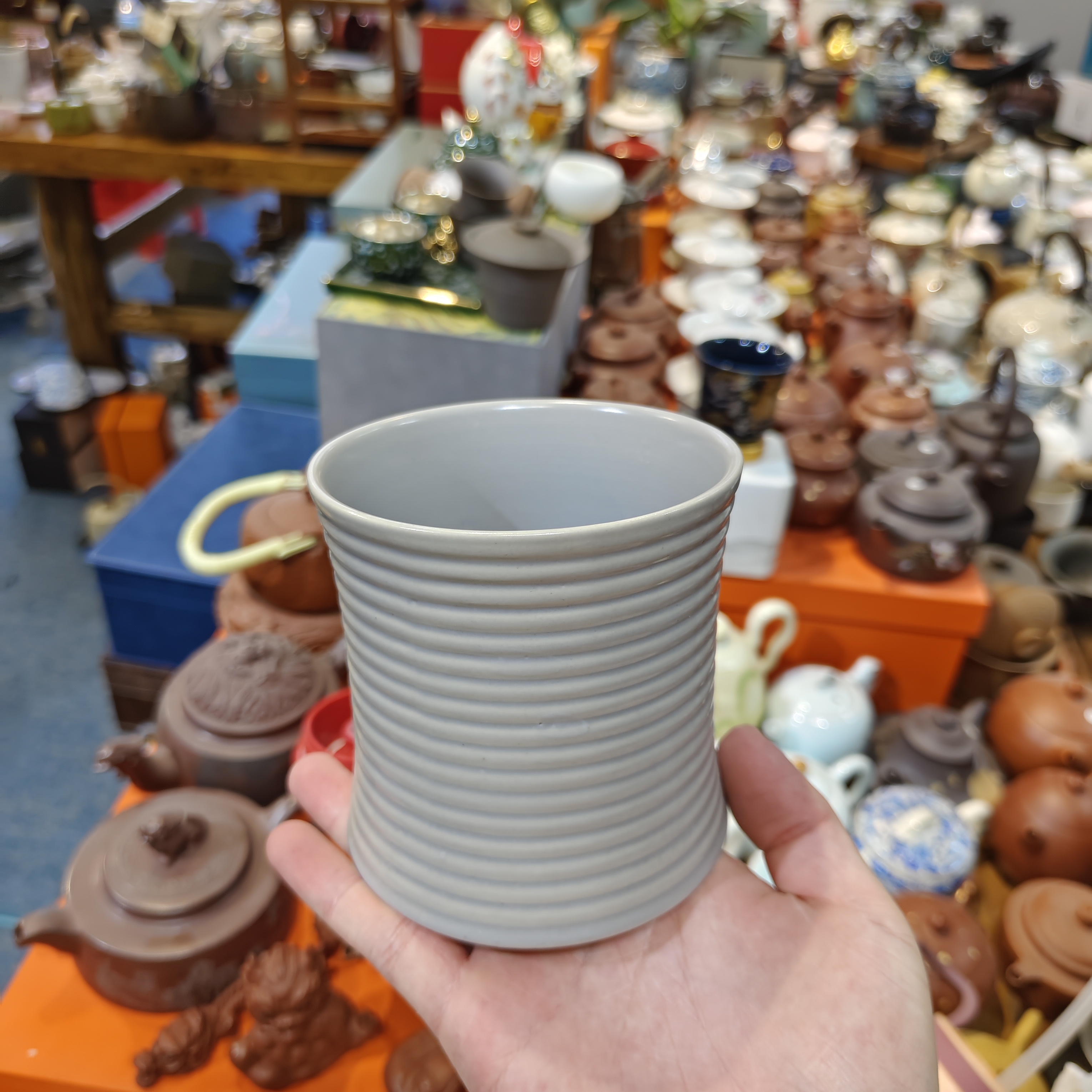 秋香茶具   灰色粗陶螺纹陶瓷茶道桶-5567-0824    