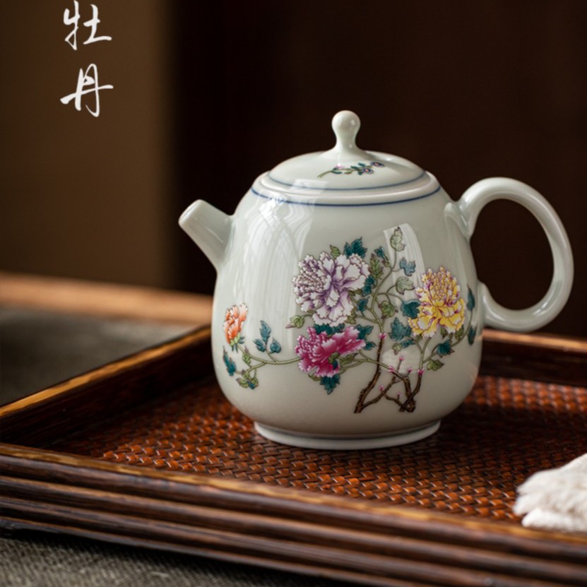 秋香茶具 仿古釉富贵牡丹花茶壶-4200-0824