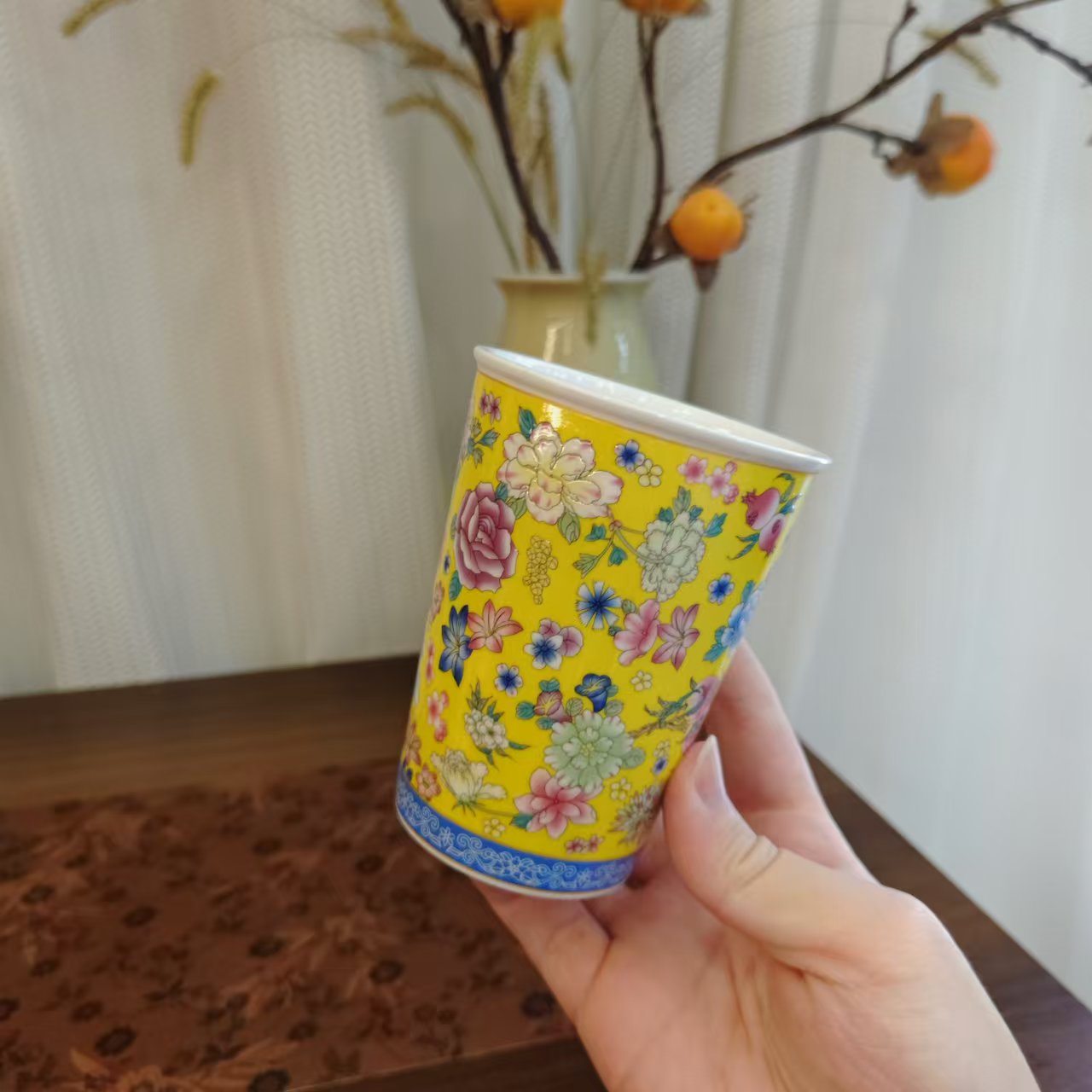 秋香茶具  复古陶瓷珐琅彩黄缠枝莲可乐杯品茗杯茶杯-4551-2408