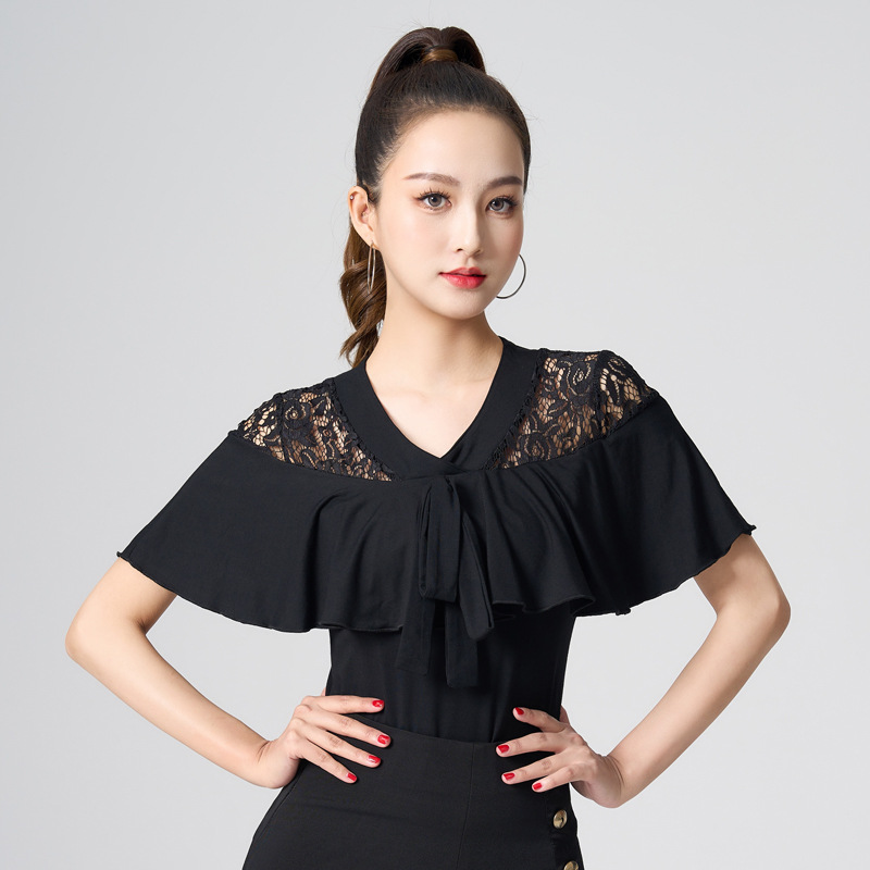 拉丁舞上衣女新款跳舞衣摩登舞服装V领短袖舞蹈练功服国标交谊舞