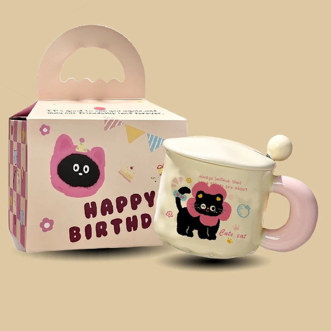 可爱fufu生日蛋糕高颜值马克杯带盖陶瓷杯送女生礼物家用水杯