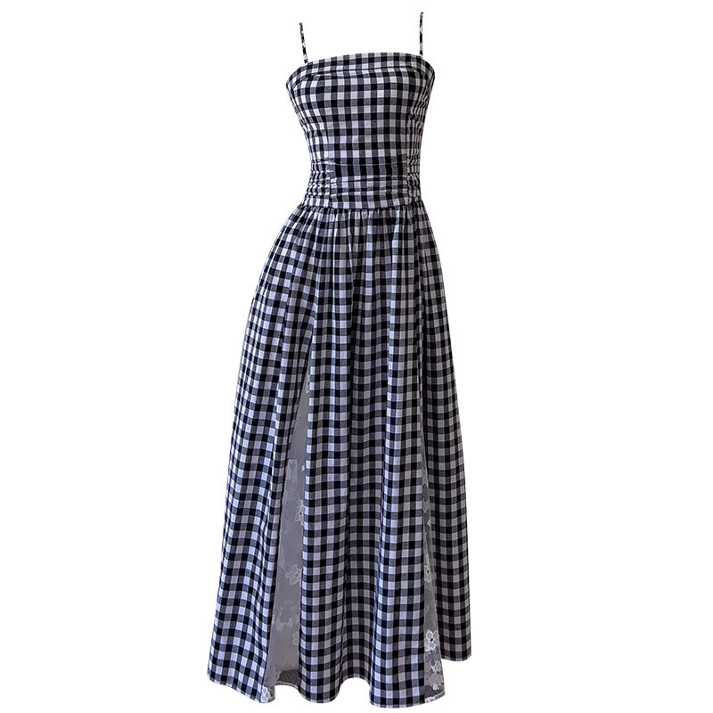 【塞纳风情】黑白格连衣裙女夏季日系休闲风吊带裙