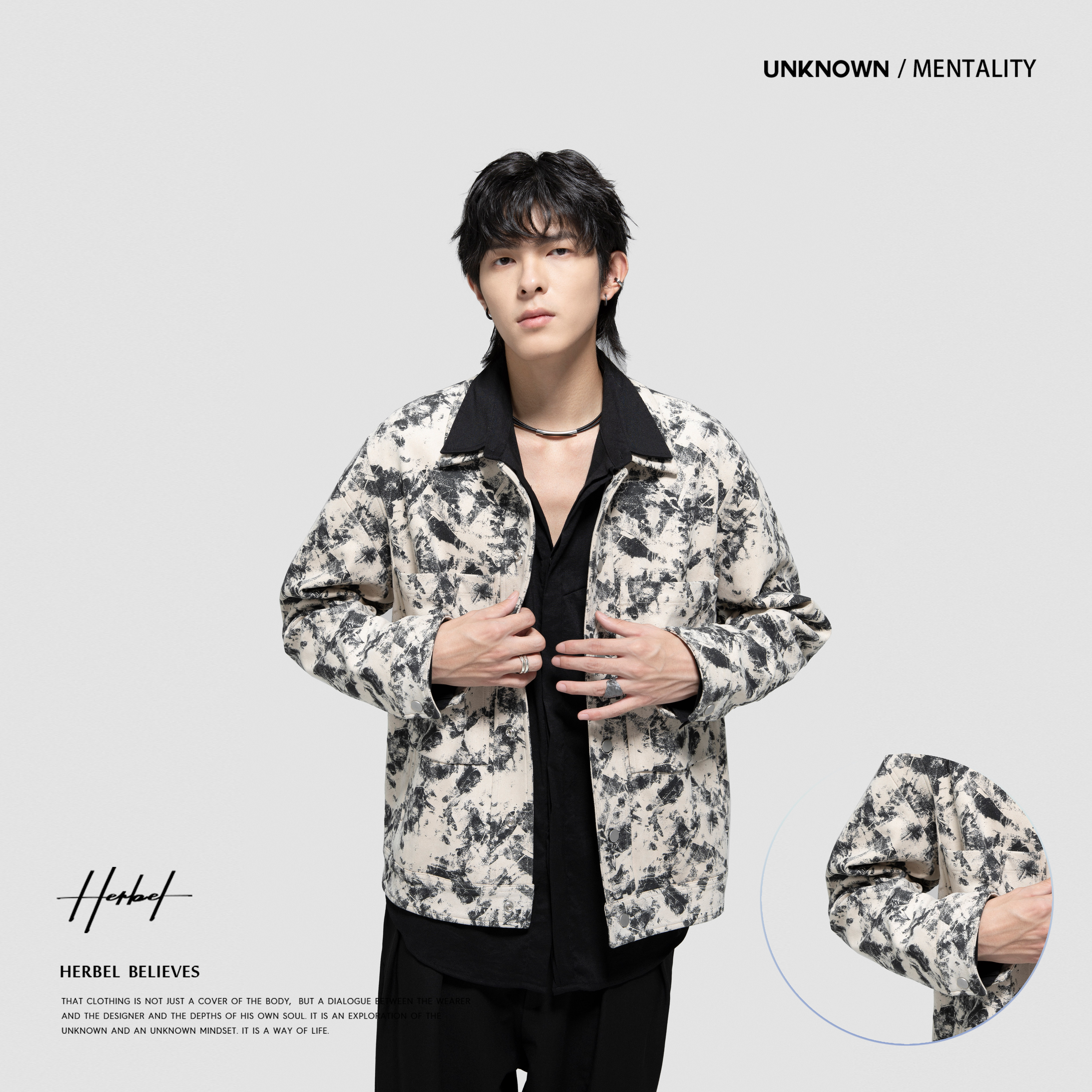 HERBEL/黑白早秋穿搭男士时尚夹克男外套时尚户外百搭潮流2002