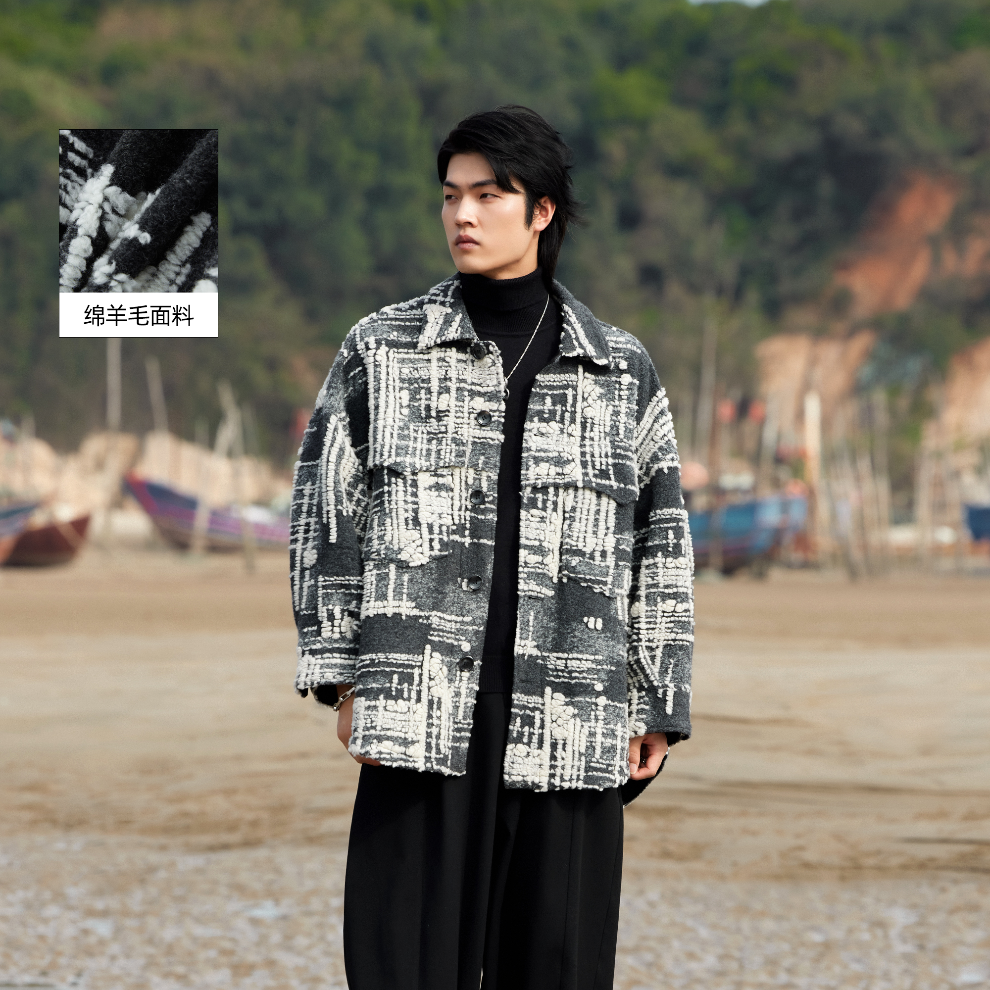 HERBEL/黑白2024/新款早秋穿搭男士风衣长袖时尚休闲宽松潮流279