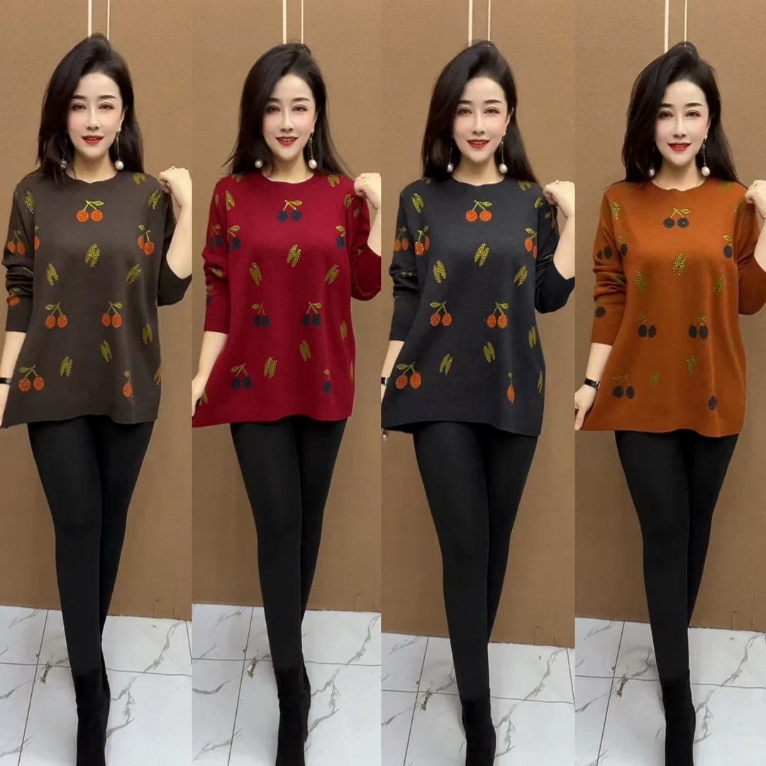 时尚宽松樱桃针织大版衫休闲显瘦毛衣中老年女装