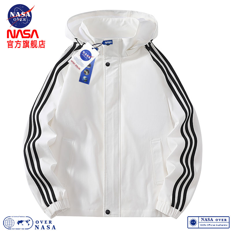 NASA2023春秋新款男女同款三条杠夹克运动可拆卸帽休闲防风外套潮