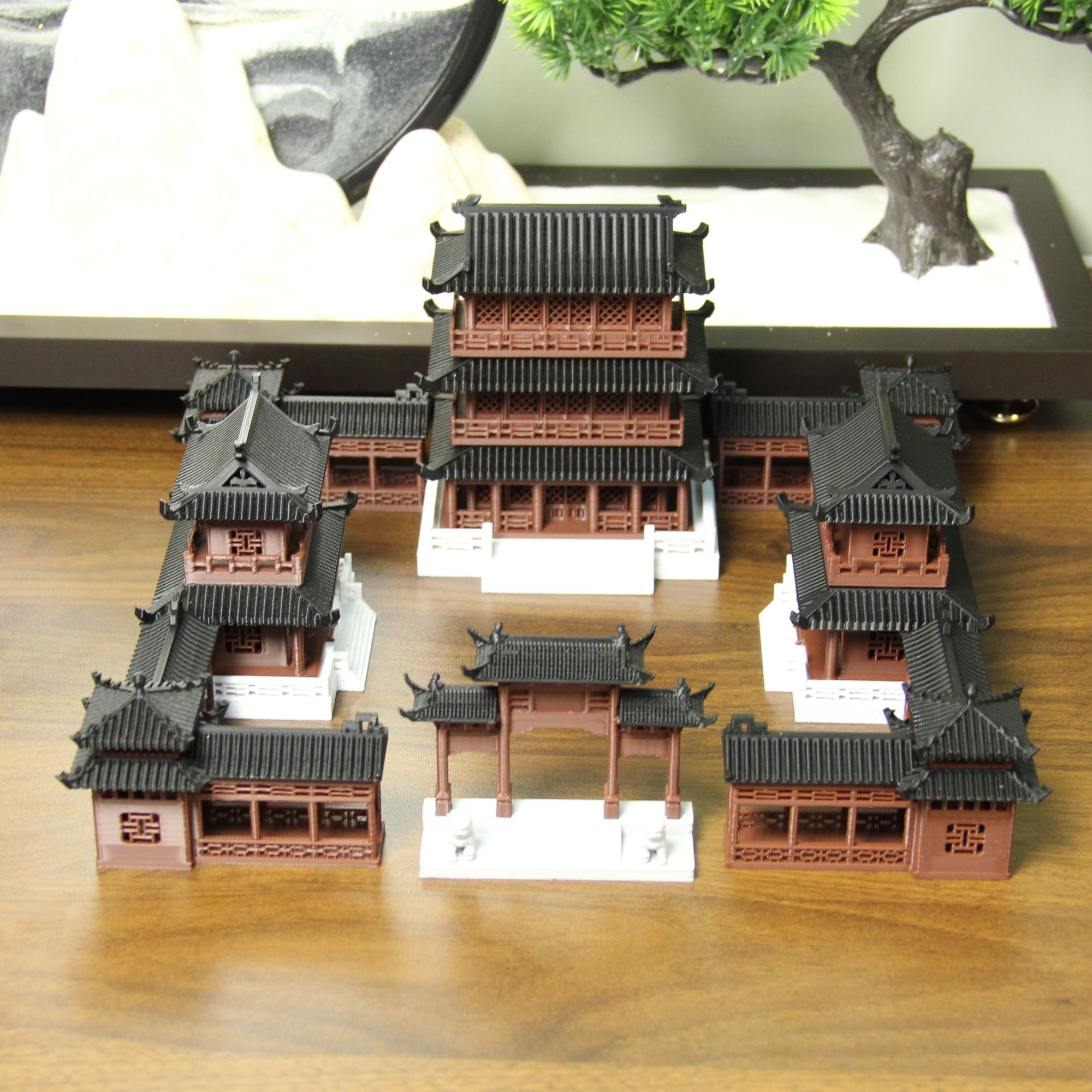 古风建筑桌面摆件3D打印模型将军府四合院城楼鱼缸水陆缸假山套装