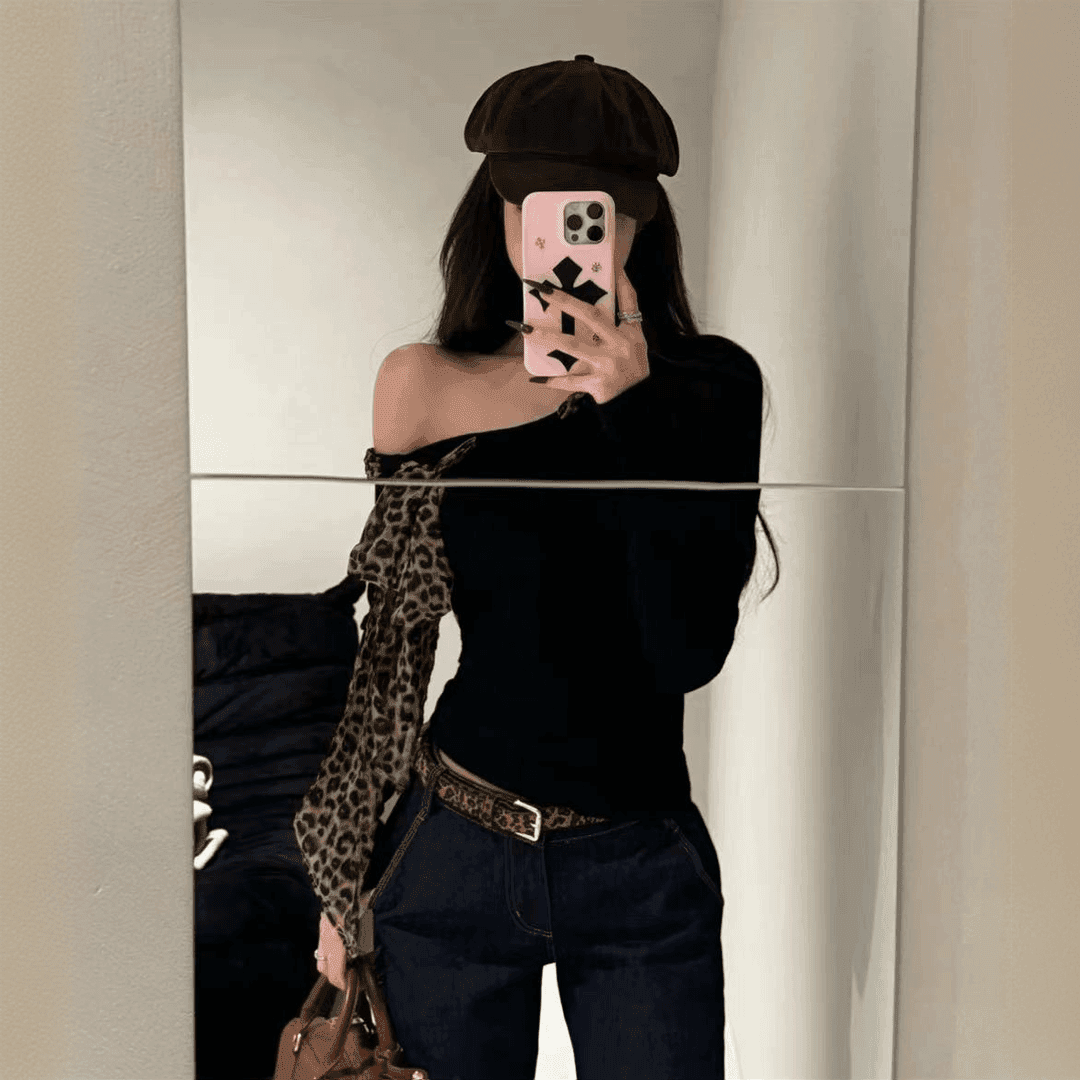 美式复古豹纹辣妹大开领丝巾斜肩长袖打底修身显瘦上衣纯色黑色